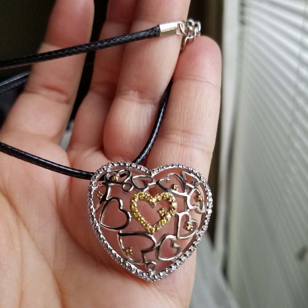Two-tone Rhinestone Heart Pendant Choker Necklace on Black Leather Cord - Picture 5 of 5